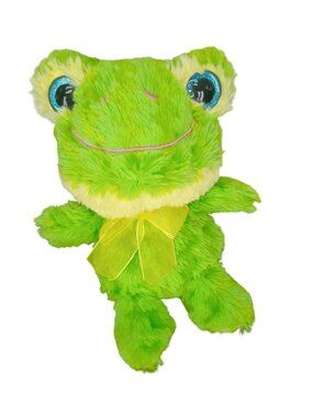 Hugfun Green Plush Frog Stuffed Animal With Yellow Bow - Soft & Cuddly 10" Toy F